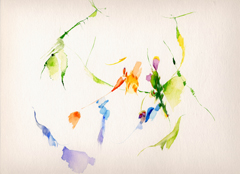 Fichten und Wasser - Kirsten K&ouml;tter, Painting Site-specific: 69° N / 27° O (Serie: NordNordOst), Berg hinter Utsjoki, Finnland, 27.06.2003, 21.00 - 23.00, Aquarell, 30 &times; 40 cm, Foto, Text (13/36)