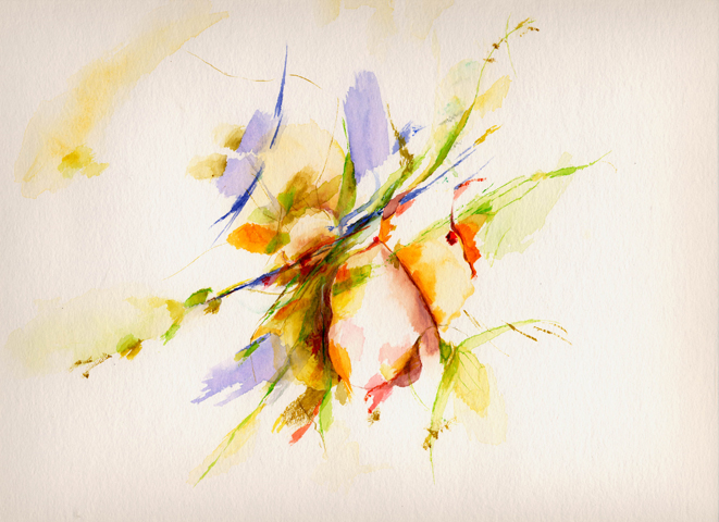 Warme Sonne auf Holz - Kirsten K&ouml;tter: 69° N / 27° O (NordNordOst), Kevoj&auml;vi, Finnland, 24.06.2003, tags&uuml;ber, Aquarell, 30 &times; 40 cm, Text (07/36)