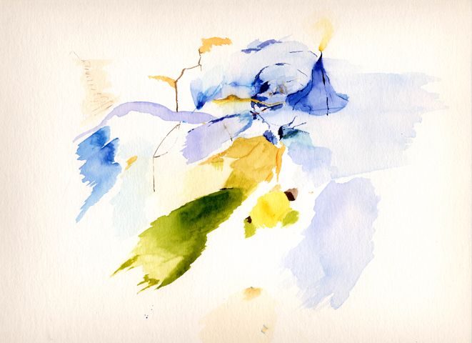 Kirsten K&ouml;tter, Painting Site-specific: 69° N / 27° O (Serie: NordNordOst), Ufer des Utsjoki, Finnland, 01.07.2003, ca. 12.00 -14.00, Aquarell, 30 &times; 40 cm, Text (20/36)