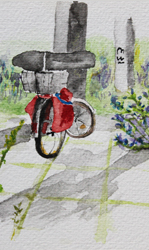 Aquarellskizze vor Ort, 12 x 17 cm, zu: Site-specific Painting: Buga Frankfurt am Main, 01.07.04, Aquarell, 30 x 40 cm, Fotografie, Text, Karte - Kirsten K&ouml;tter, Malerei vor Ort