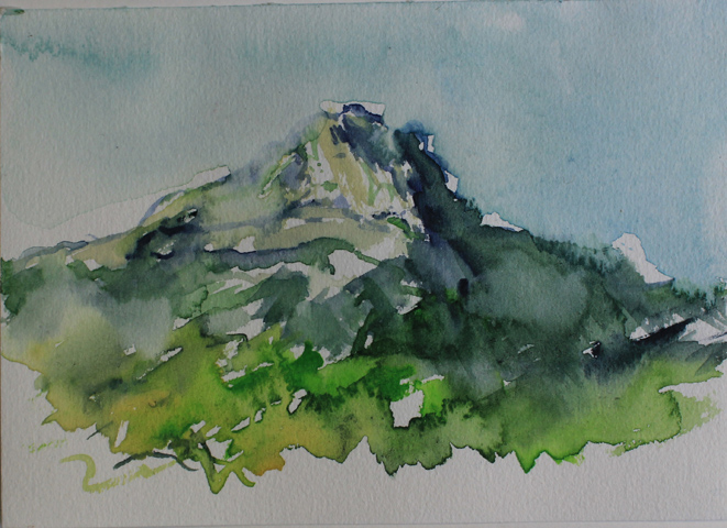 Kirsten K&ouml;tter: Montagne Sainte-Victoire in der Wildnis nahe Haus Bret, 03.10.2013, mittags, Aquarell, 12 &times; 17 cm