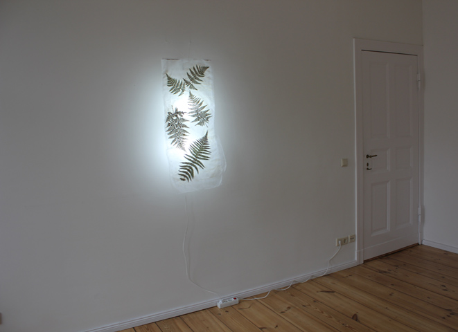 Kirsten K&ouml;tter: Farn mit Licht, 2013, Leim, Stoff, Farn, Licht, 100 &times; 40 cm &times; 20 cm