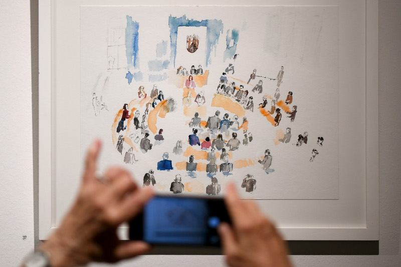 Kirsten Kötter: Artistic research Landtag. In: Bewegte Zeiten, exhibition, Landtag Rheinland-Pfalz,
  Abgeordnetenhaus Mainz, Germany, 04.09.2019 - 10.10.2019, exhibition view, photograph: Landtag Rheinland-Pfalz /
  Andreas Linsenmann