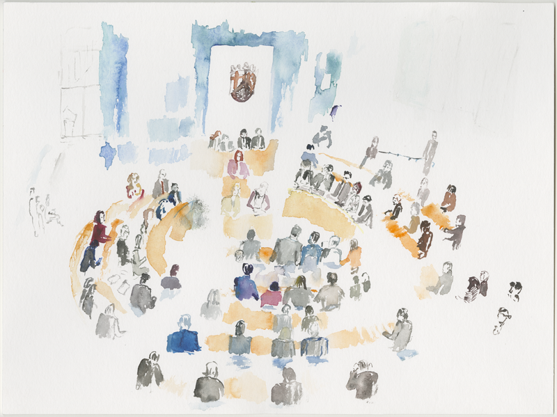 2019-02-21_plenarsitzung_skizze, plenary session Landtag (German state parliament) Rheinland-Pfalz, 
  Mainz, water colour, 30 × 40 cm (Kirsten Kötter)