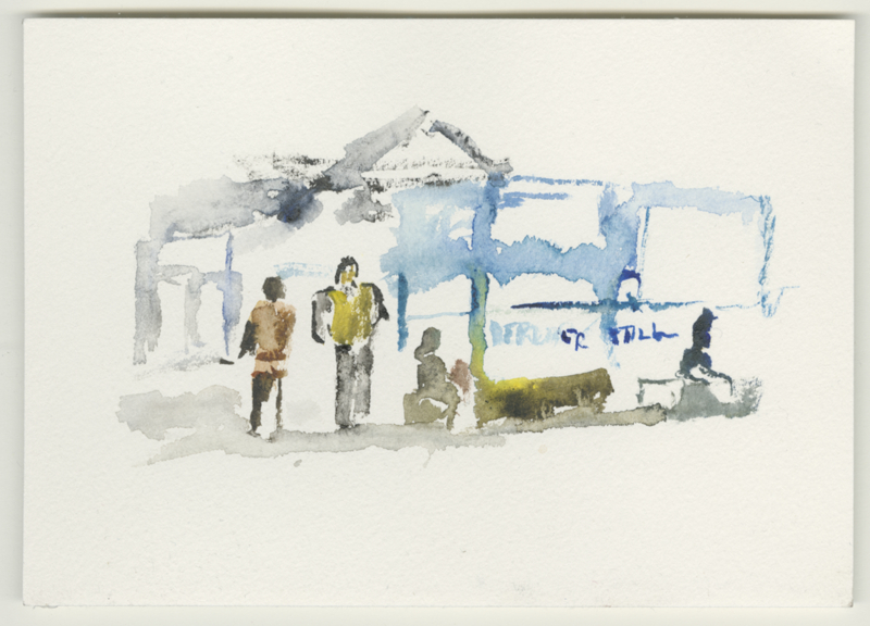 2022-03-11_berlin-hbf-ukraine-flucht-zelt-skizze, sketch, 12 &times; 17 cm (Kirsten Kötter)