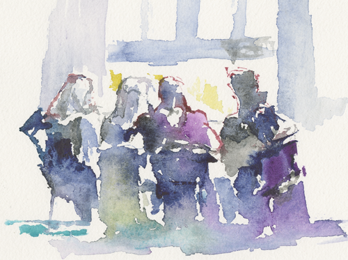 2015-04-05_sehitlik-moschee_skizze, in the women's room of the Sehitlik mosque, women are reading the Koran before prayer, sketch, water colour, image section of 24 &times; 32 cm (Kirsten Kötter)