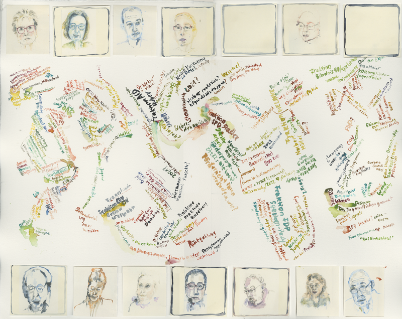 2020-11-16_familienausschuss-bildungs-jugendstaetten, German Bundestag, Committee on Family, Senior Citizens, Women and Youth, 
  watercolour, 50 x 65 cm (Kirsten Kötter)